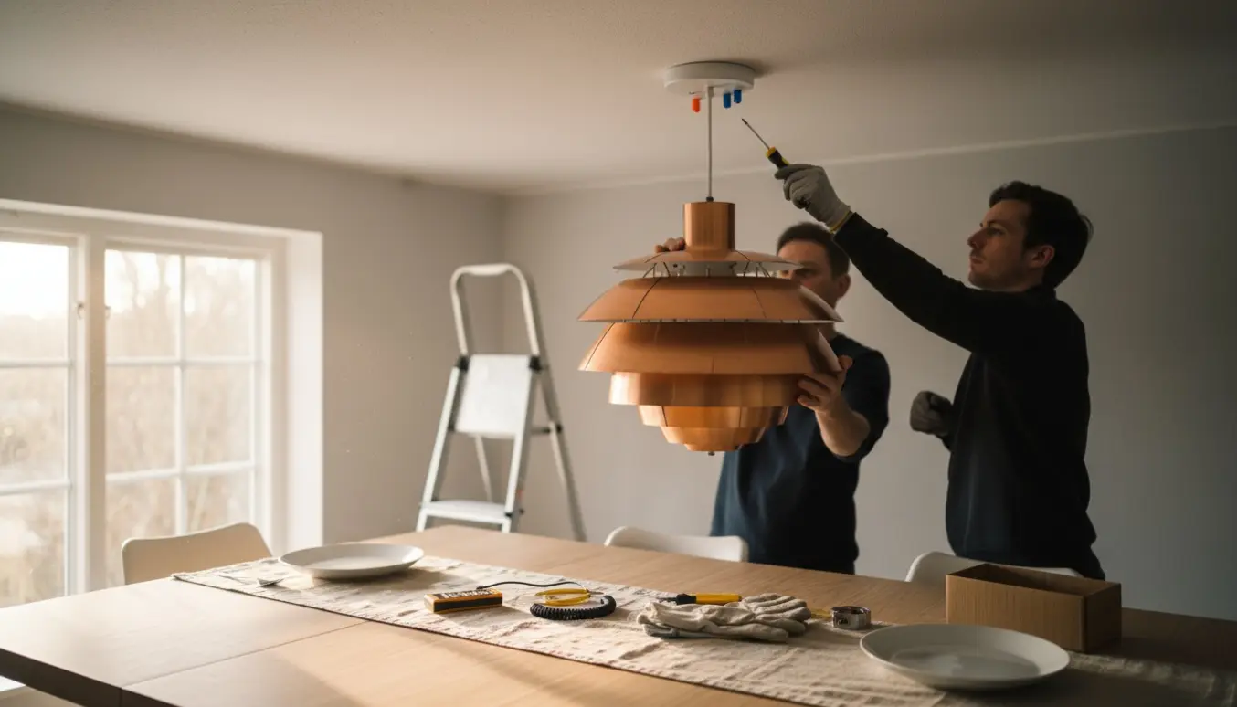 Hænder monterer en vintage pH-lampe over et træspisebord med værktøj og stige i et lyst hjem.