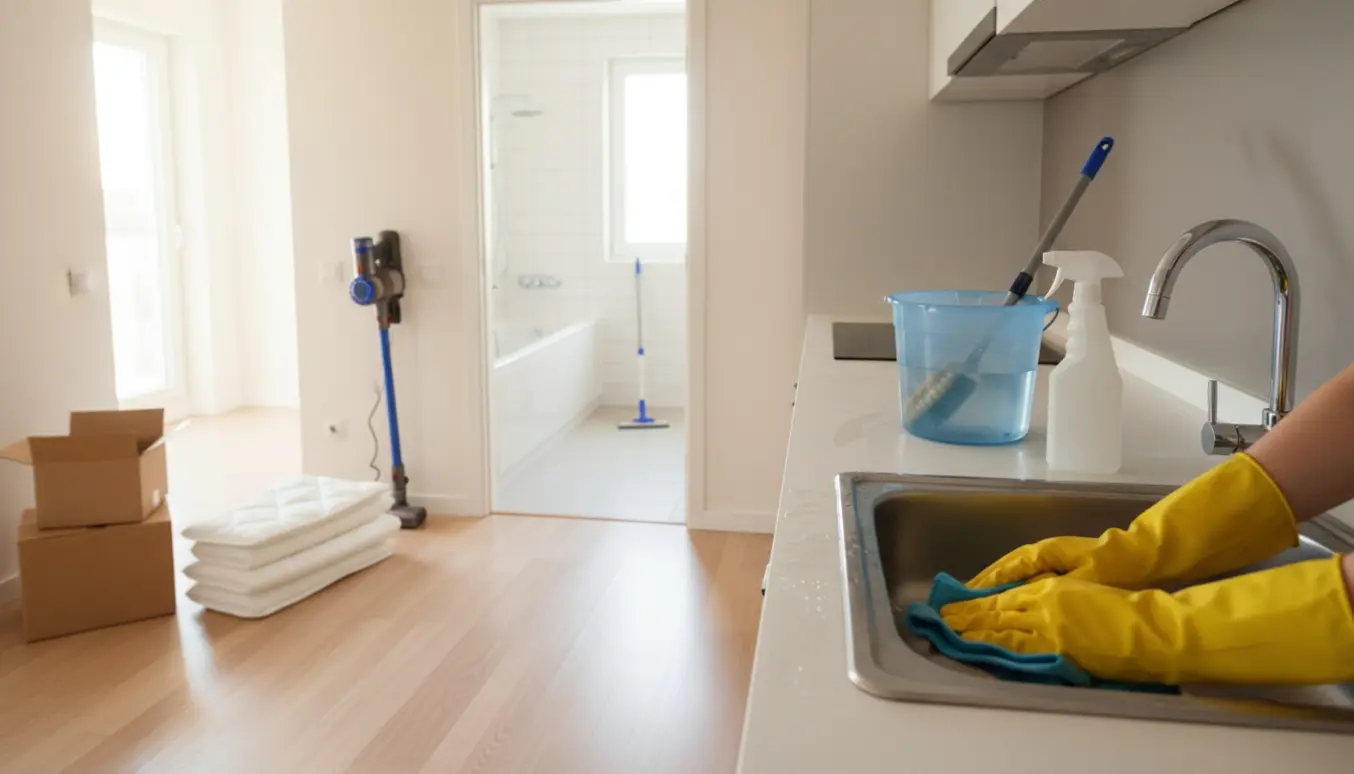 Solbelyst lejlighed med flyttekasser og rengøringsudstyr, hænder i gummihandsker pudser køkkenvasken.