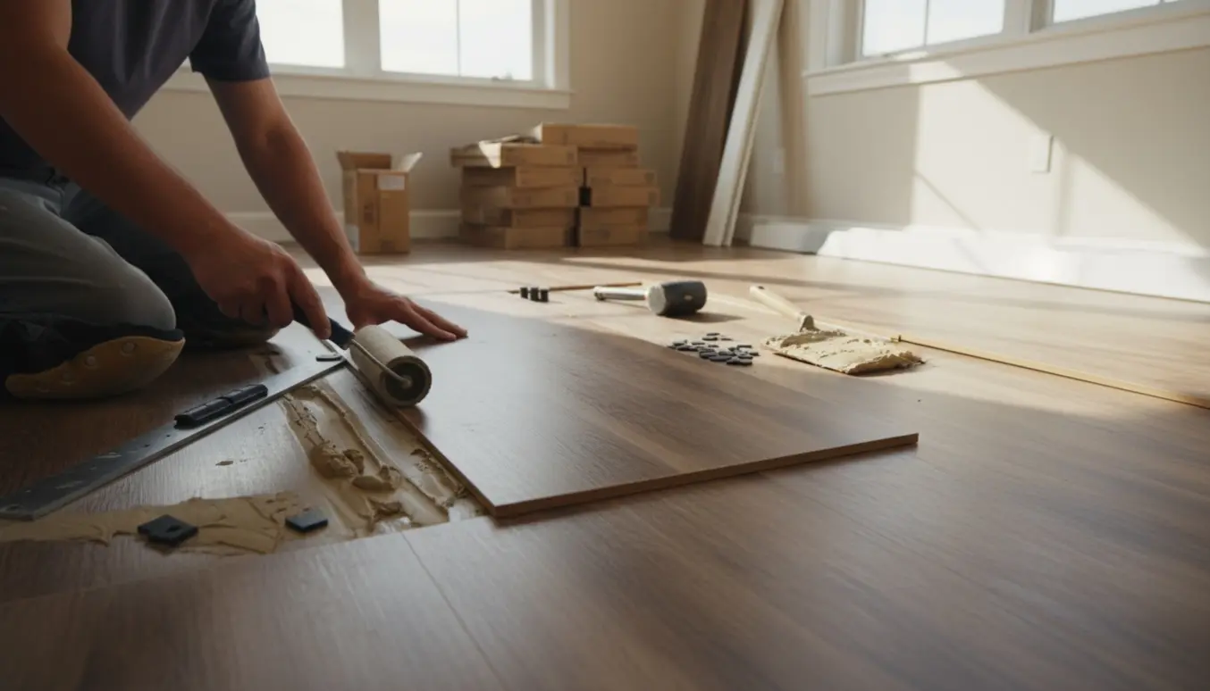 Nærbillede af montering af vinylgulv i et lyst rum med værktøj og hænder uden synlige ansigter.