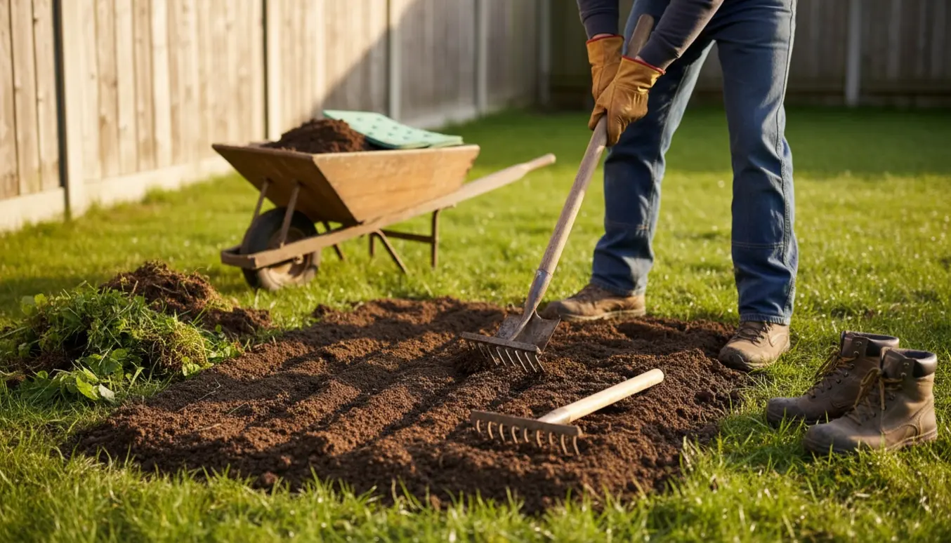 Et lille havebed, hvor en person med handsker graver og river jord med spade og rive.