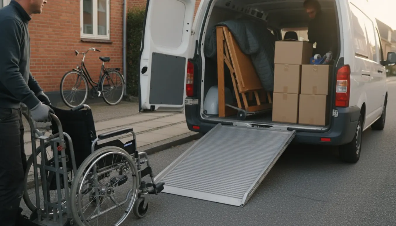 Flyttefolk læsser en sammenklappet kørestol, et tegnebord og fem flyttekasser ind i en varevogn på en stille, dansk villavej.