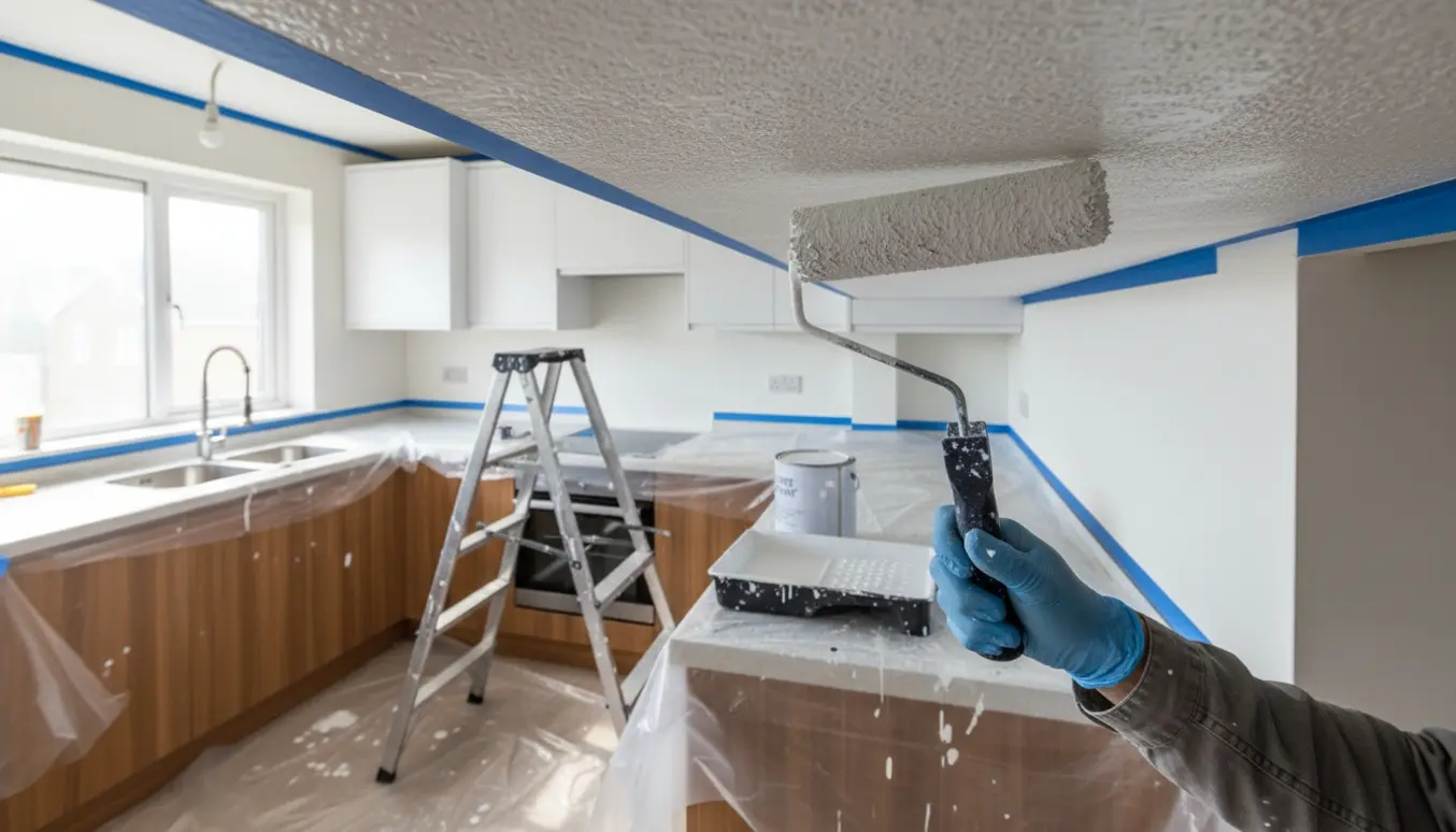 En hånd ruller hvid maling på køkkenloftet i et lille køkken med afdækning og malerbøtte i forgrunden.