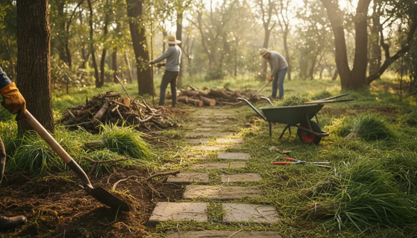 Udgravning af en overgroet flisegang på en naturgrund med værktøj og stakke af afklippede grene.