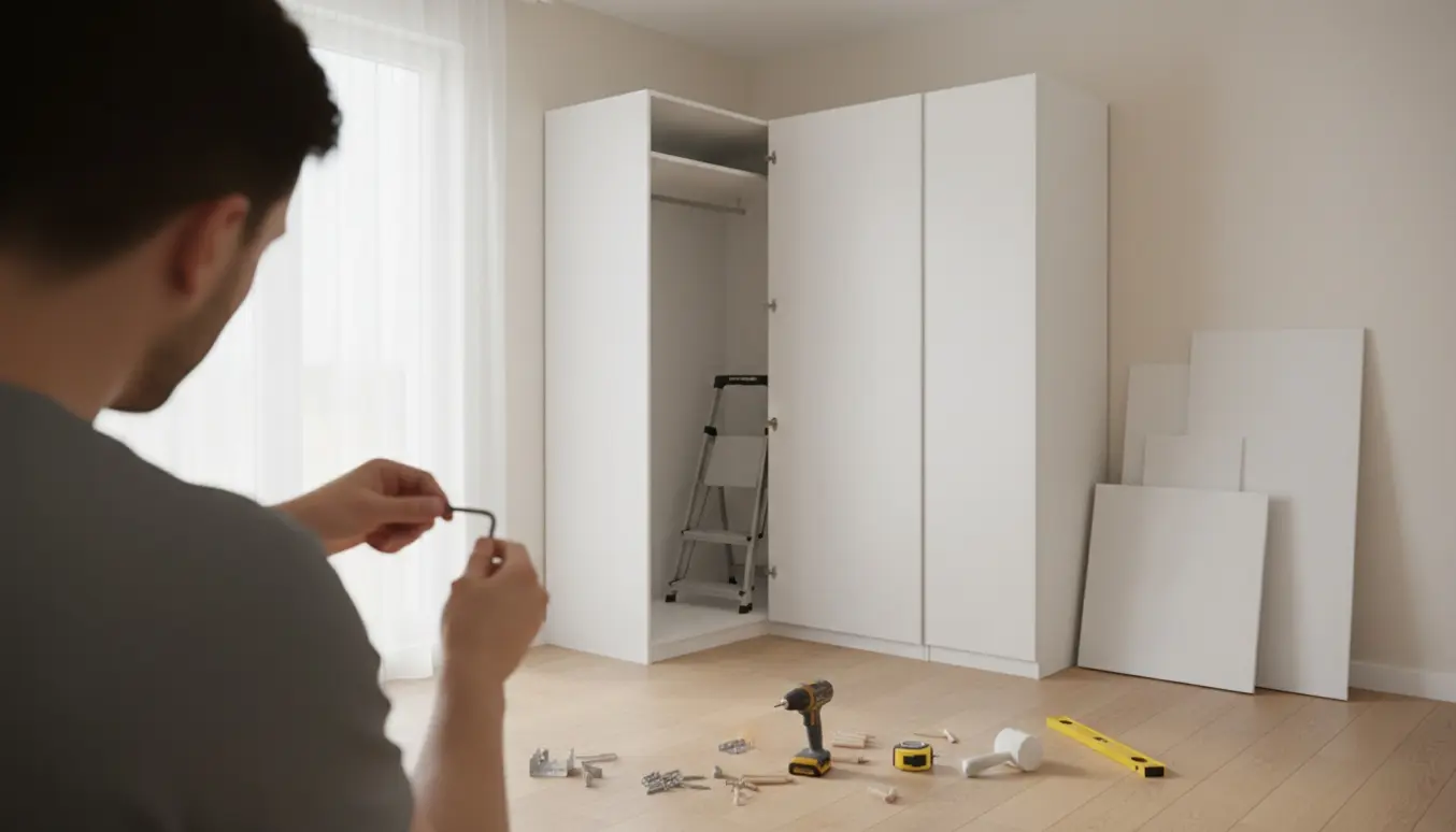 Delvist samlet hjørneskab på cirka 236 cm, hvor montør fra ryggen monterer en låge i et lyst rum med 250 cm loftshøjde.