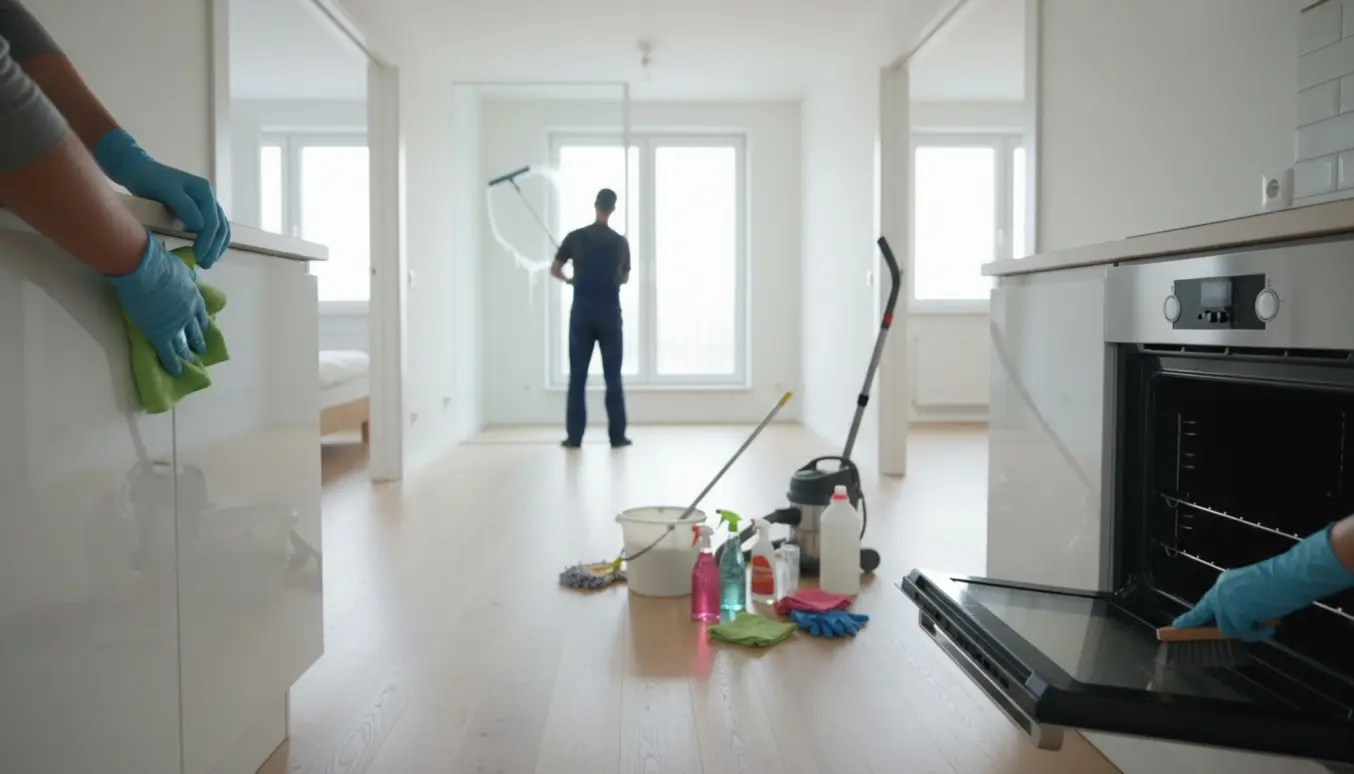 Rengøringsperson pudser køkken, ovn og vinduer i en lys lejlighed ved udflytningsrengøring.