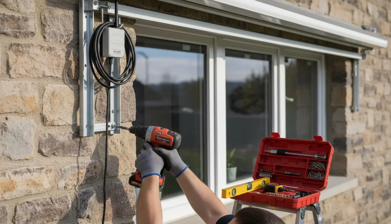 Håndværker sikrer en motoriseret markise med beslag ved nyligt udskiftede vinduer.