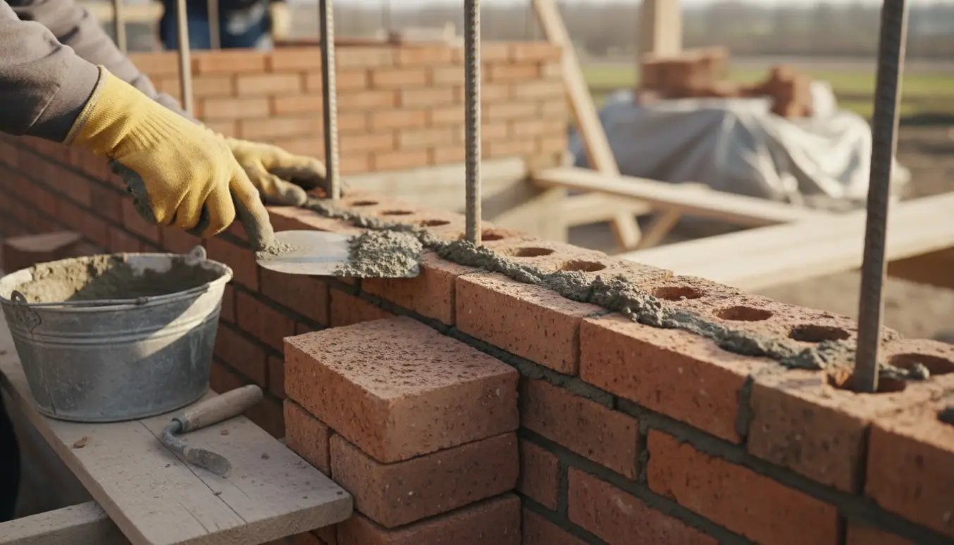 Nærbillede af murværk under opbygning med murerhænder, mørtel, mursten og indstøbte armeringsrør.
