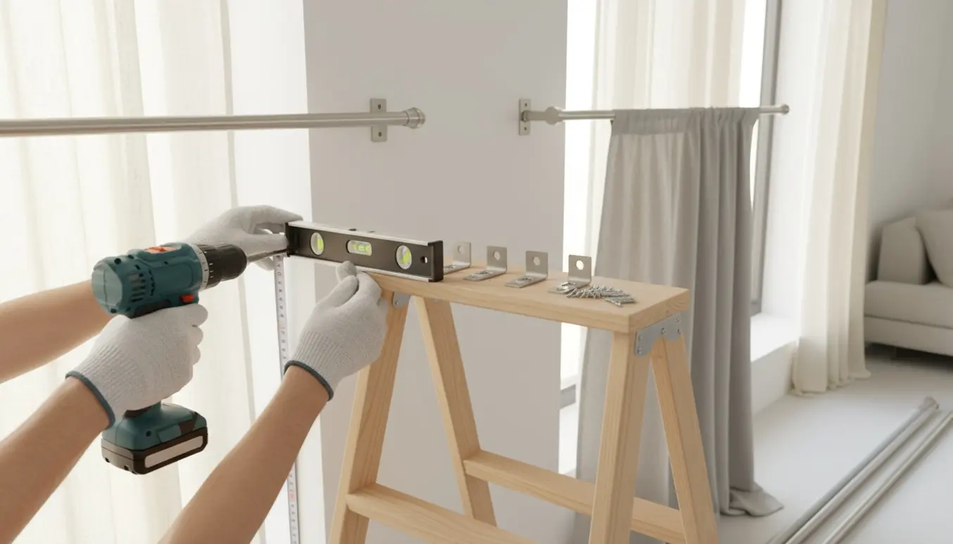 Fem gardinstænger monteres på en væg i en lys stue med værktøj og en stige i brug.