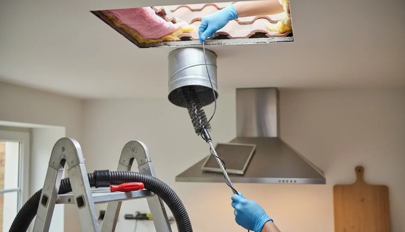 Nærbillede af rengøring af en emhættekanal med handsker, fleksibel børste og støvsugerslange gennem loftsåbning.
