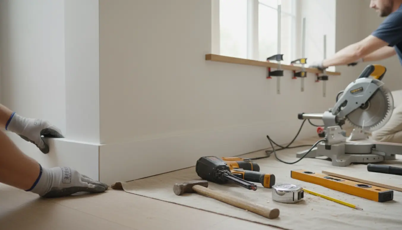 Hænder måler og monterer nye fodpaneler i en lys stue med en nyligt etableret trævindueskarm.