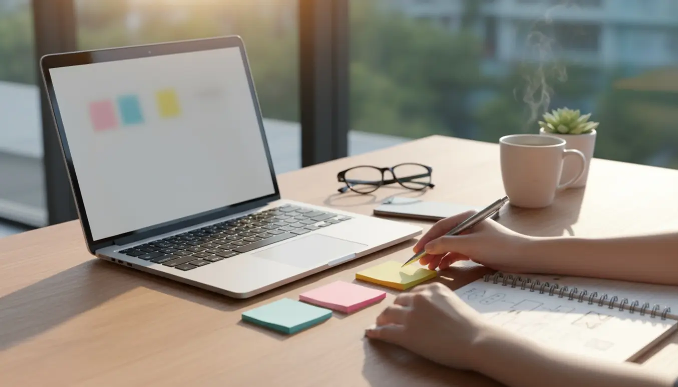 Et ryddeligt skrivebord med hænder, der organiserer noter ved en bærbar i blødt naturligt lys.