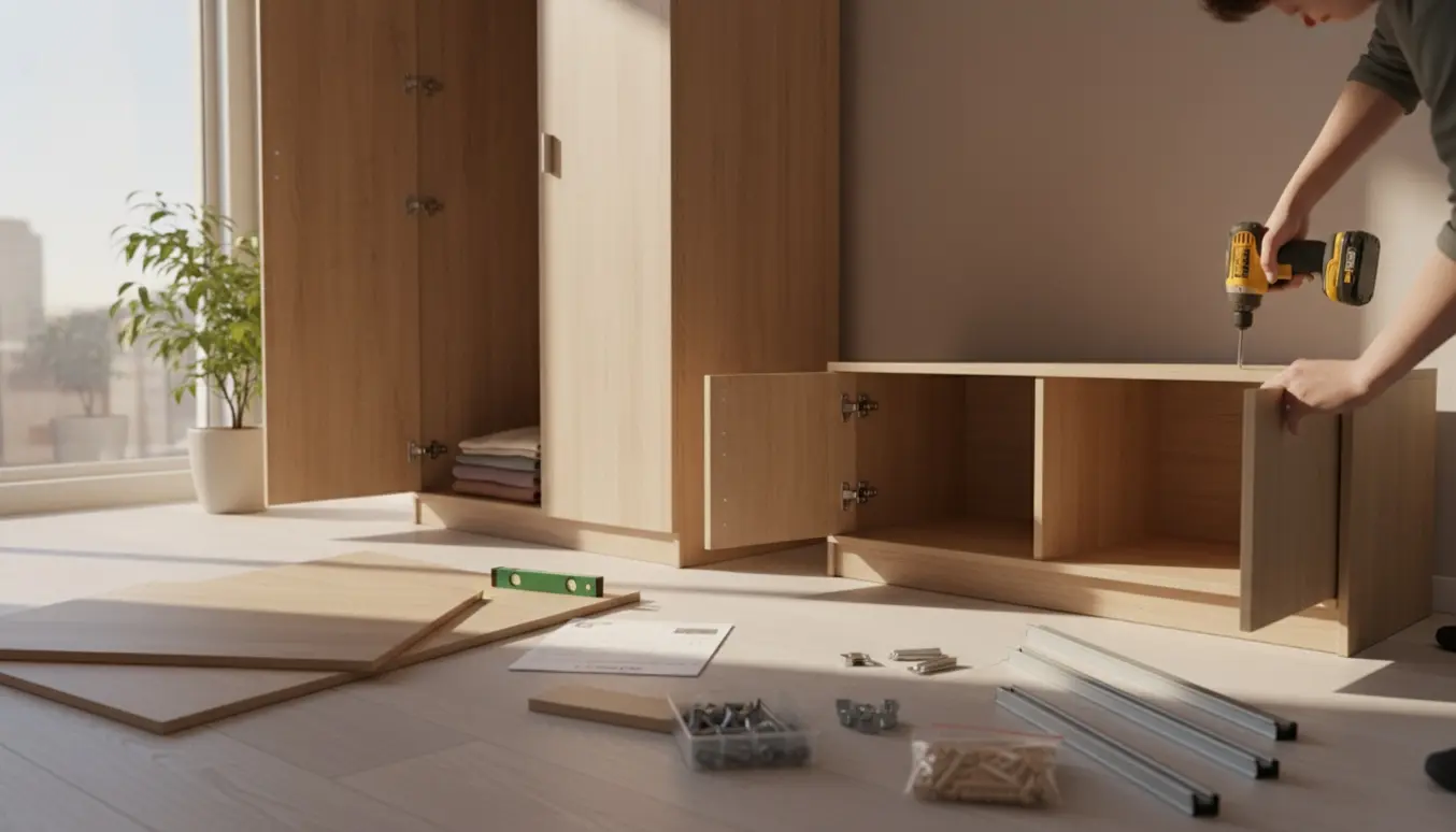 Hænder monterer skabslåger og samler et skab i en lys stue.