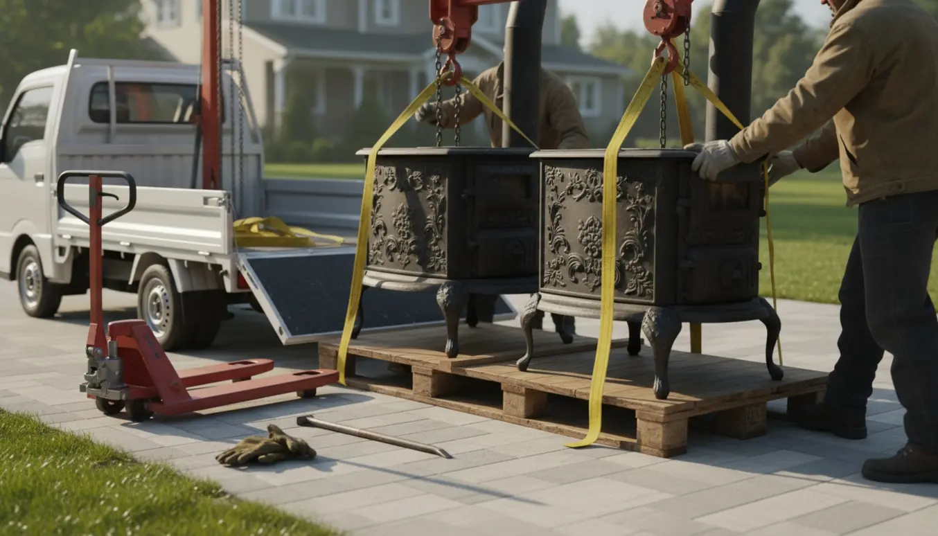 To tunge støbejernsovne læsses på en lille lastbil i en indkørsel, sikret med kraftige seler.