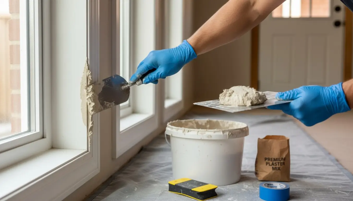 Håndværker pudser indvendig lysning omkring en ny isat vinduesramme med flere nye vinduer i baggrunden.