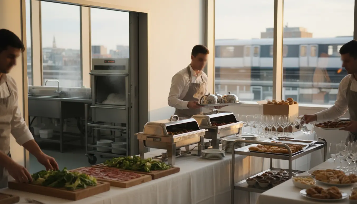 Buffet dækkes op i et lyst eventlokale med fade, glas og industriopvask i baggrunden.