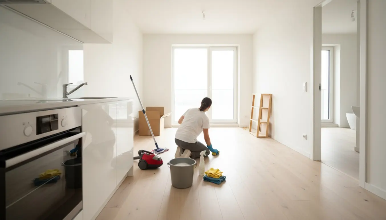 En lys, næsten tom lejlighed med en person set bagfra, der gør grundig flytterengøring i køkkenalrummet med moppe, spand og klude.