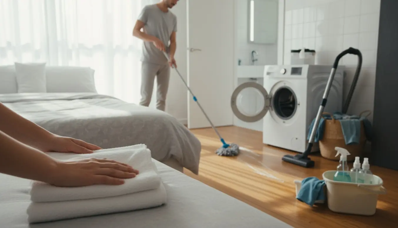 Hænder folder rene håndklæder på en nyredt seng, mens en person mopper gulvet i et solfyldt hjem.