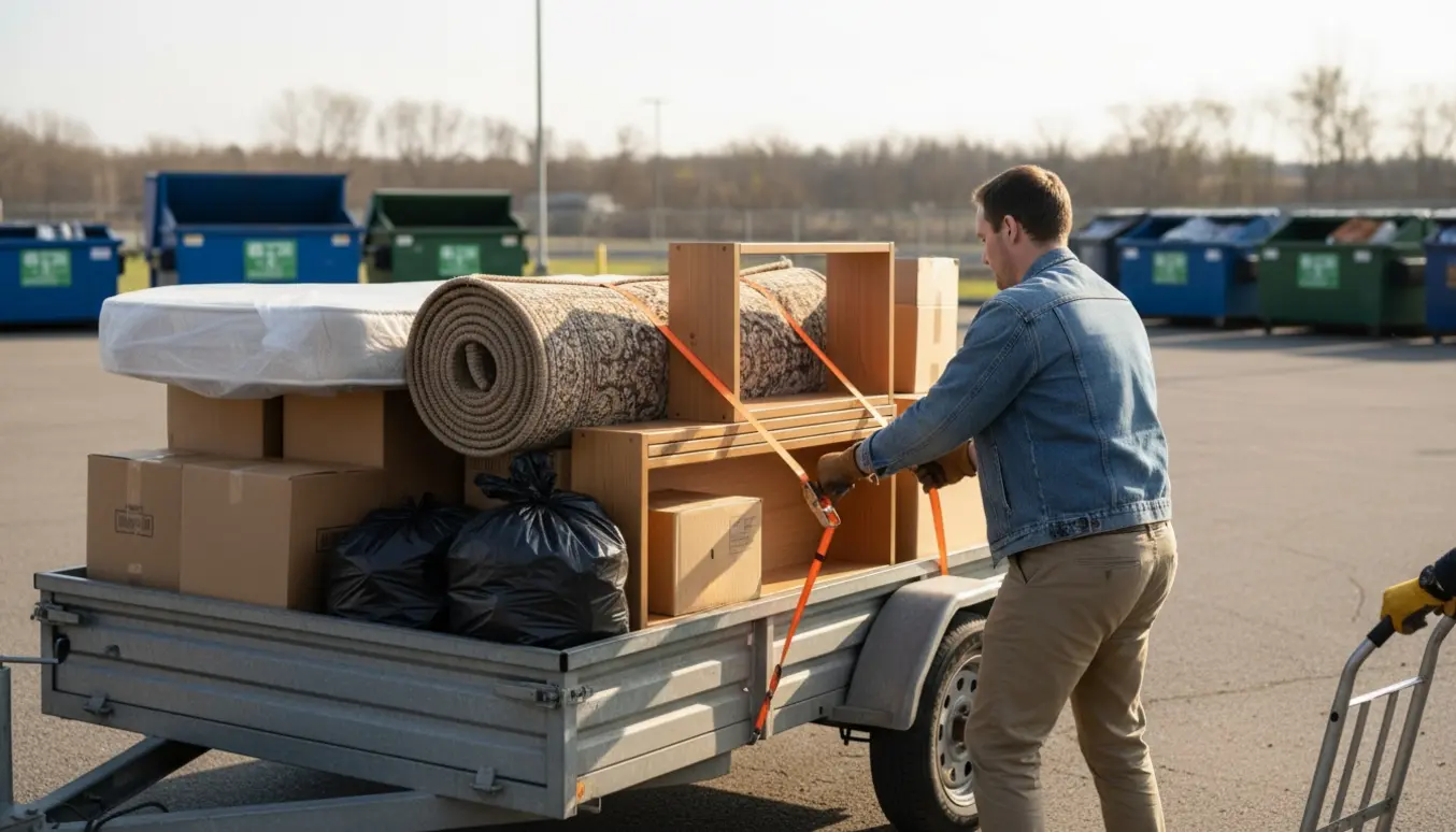 Person læsser møbler og poser på en biltrailer foran en genbrugsplads på en solrig forårsdag.