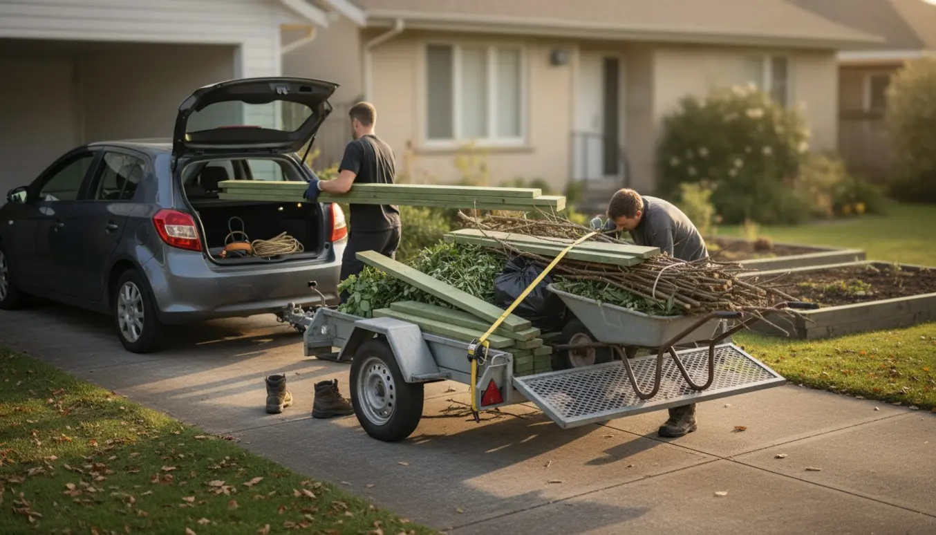 To personer læsser en trailer med haveaffald og imprægneret træ i en indkørsel ved en carport.