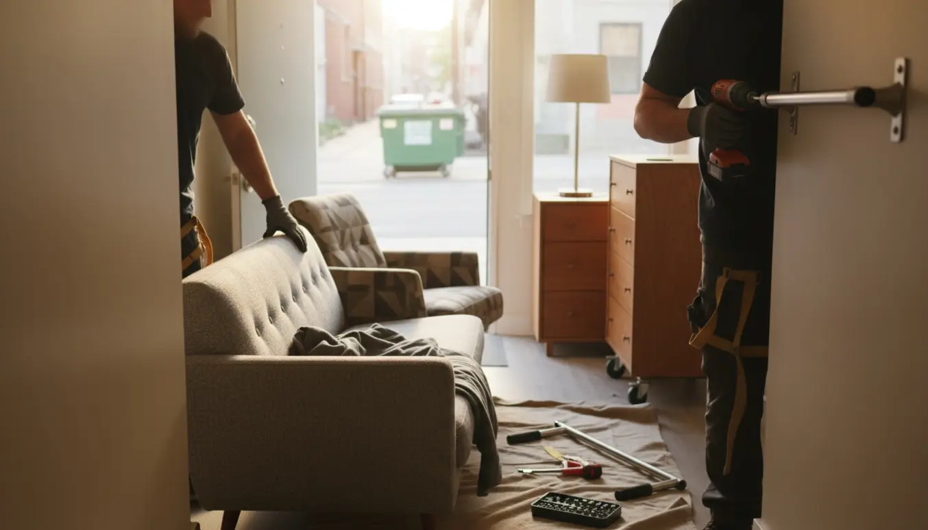 Flytning af sofa, lænestol, gulvlampe og to kommoder ned ad trappen, mens en pull-up stang afmonteres med værktøj.