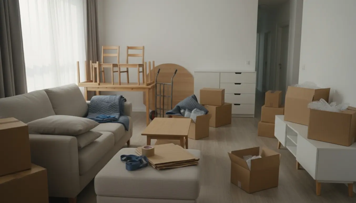 Lille lejlighed under flytning med sofa, spisebord uden ben, tre kommoder og omkring 15 flyttekasser.
