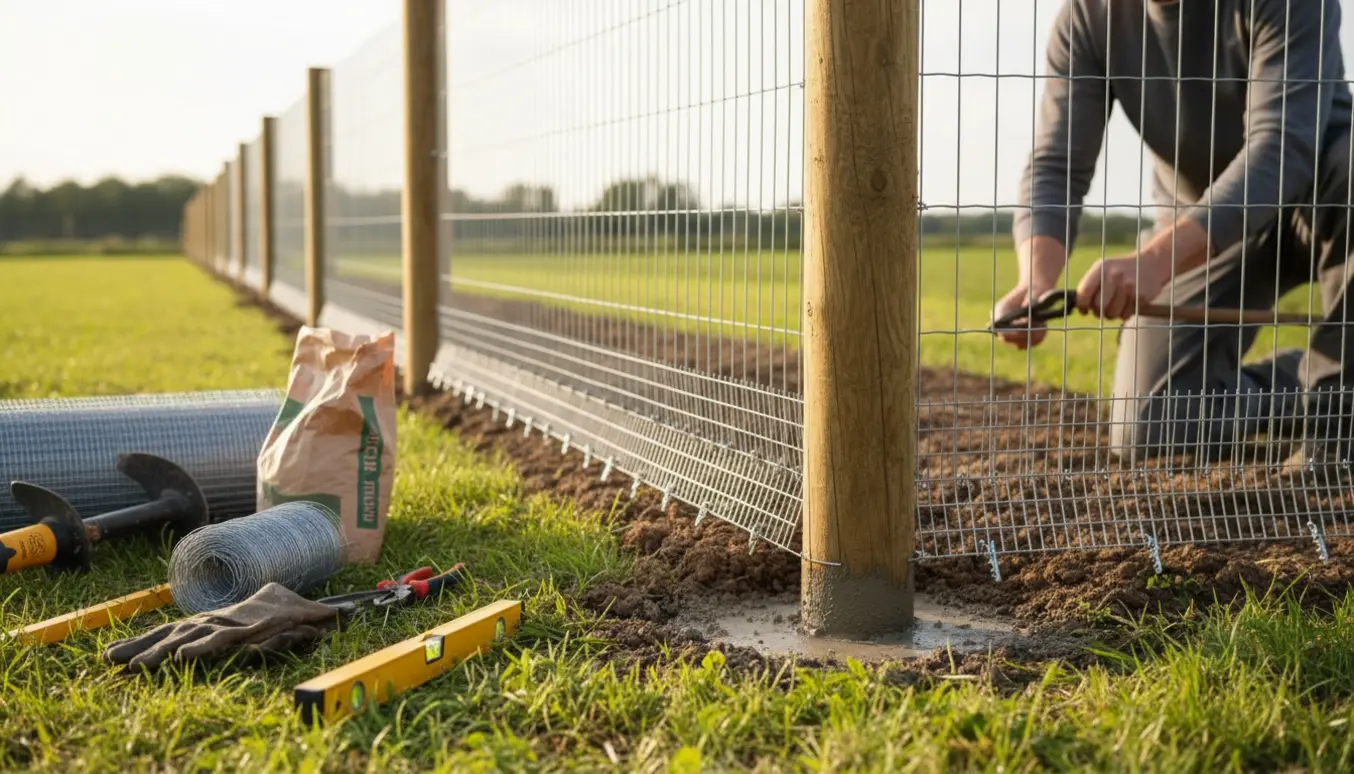 Nyligt opført dyrehegn med galvaniseret net, støbt hjørnepæl og hundesikret bund i et grønt landskab.