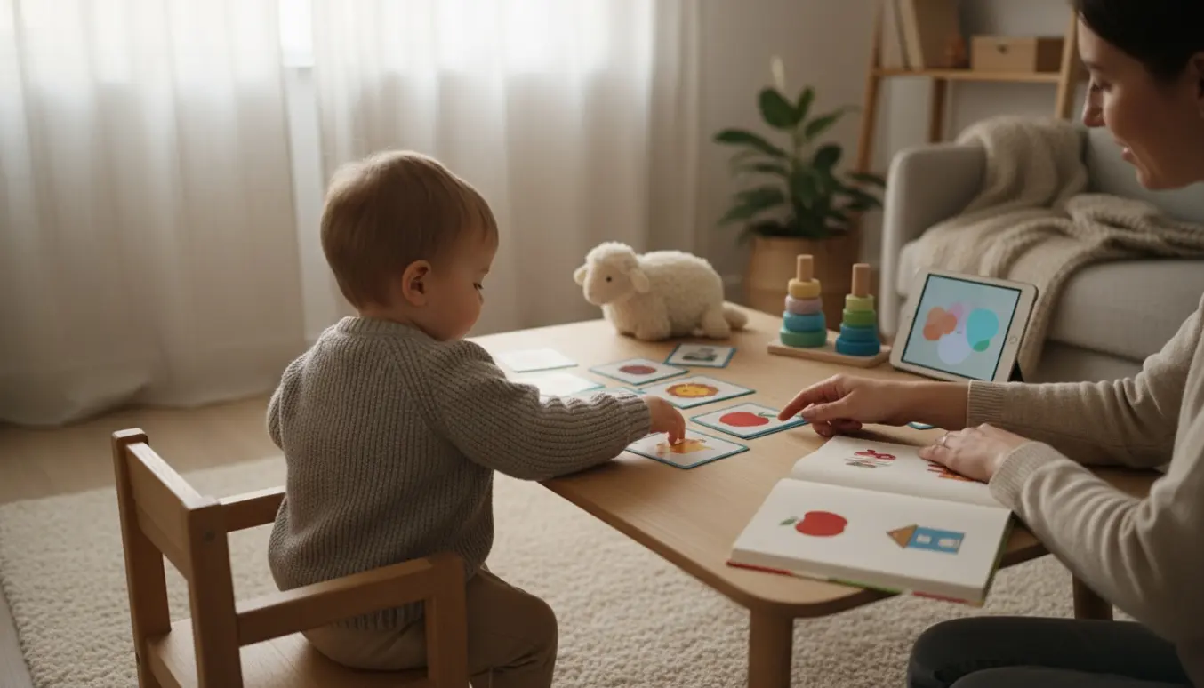 Voksen peger på billedkort mens en 3,5-årig pige (set bagfra) lærer dansk ved et lavt bord i et hyggeligt skandinavisk rum.