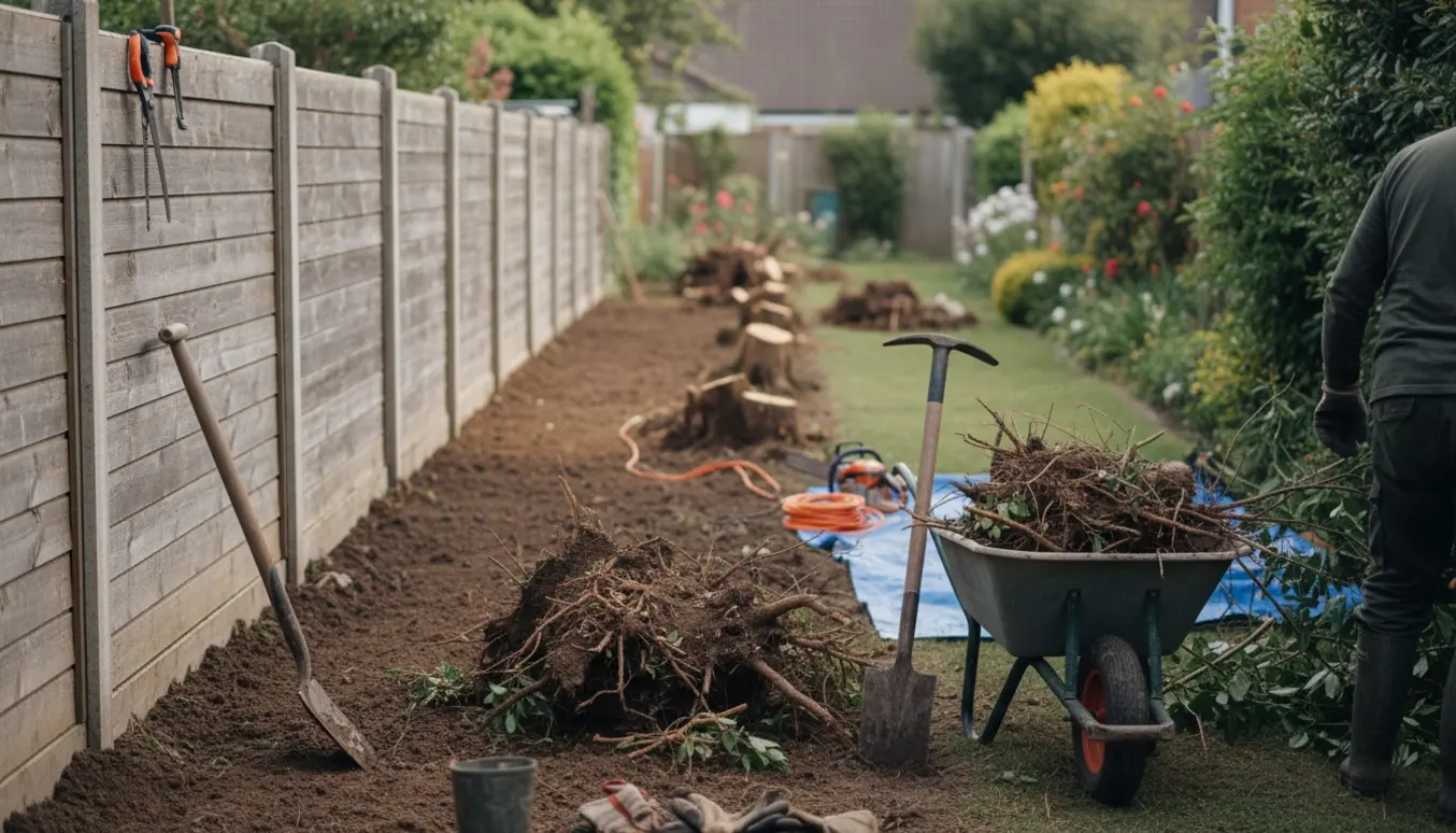 Et langt, smalt bed langs et stakit, delvist ryddet med oplagte rødder, redskaber og en fyldt trillebør.