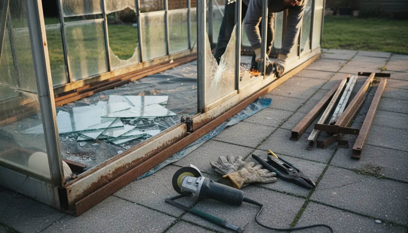 Gammelt drivhus med knuste ruder og værktøj på fliserne klar til demontering.