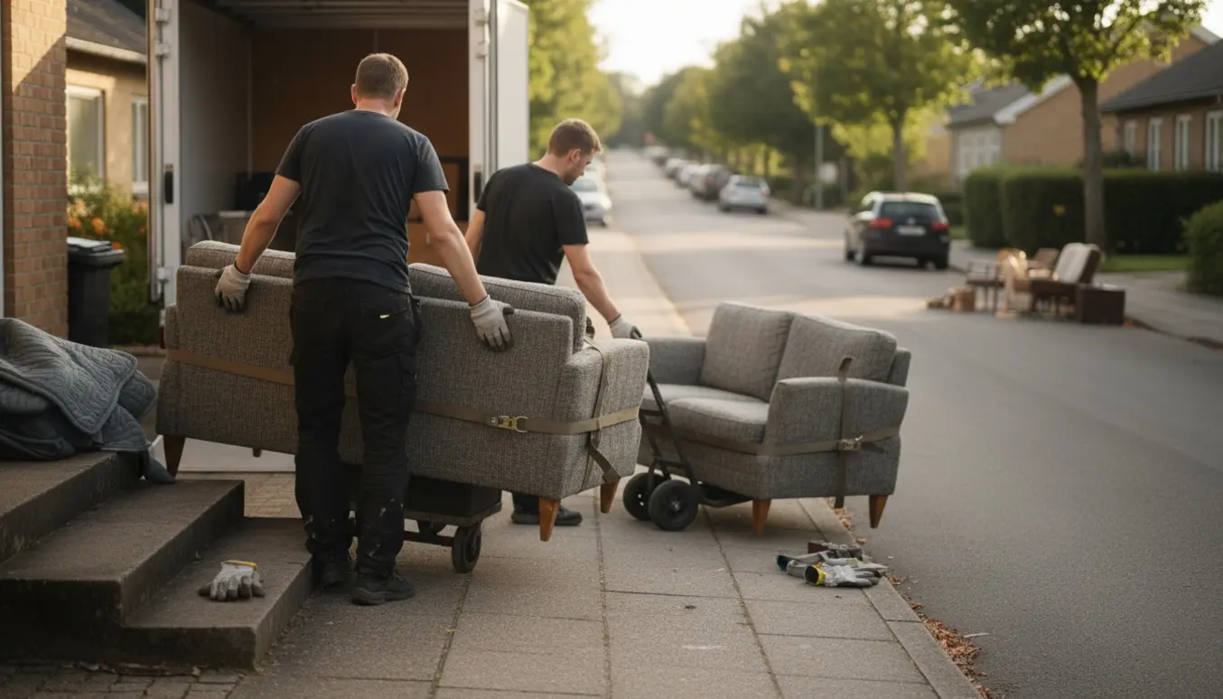 To personer flytter en 3-personers og en 2-personers sofa ud til fortovet, klar til afhentning som storskrald.
