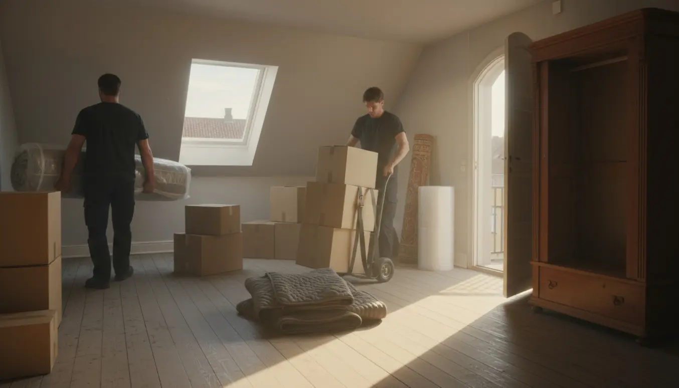 Tømning af stort loftsrum på 5. sal på Nørrebro med stabler af flyttekasser og en flyttevogn i blødt dagslys.