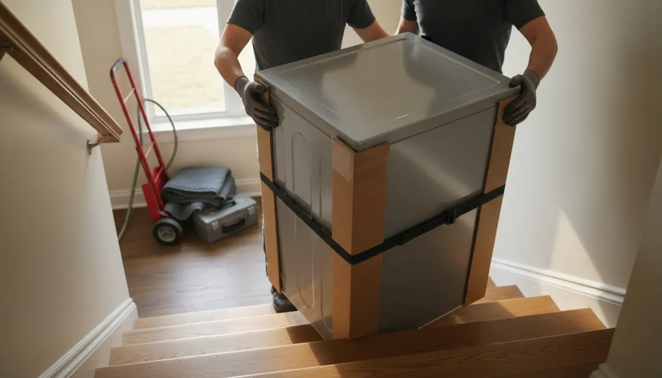 To personer bærer en vaskemaskine ned ad en trappe i en opgang, ansigter ikke synlige.