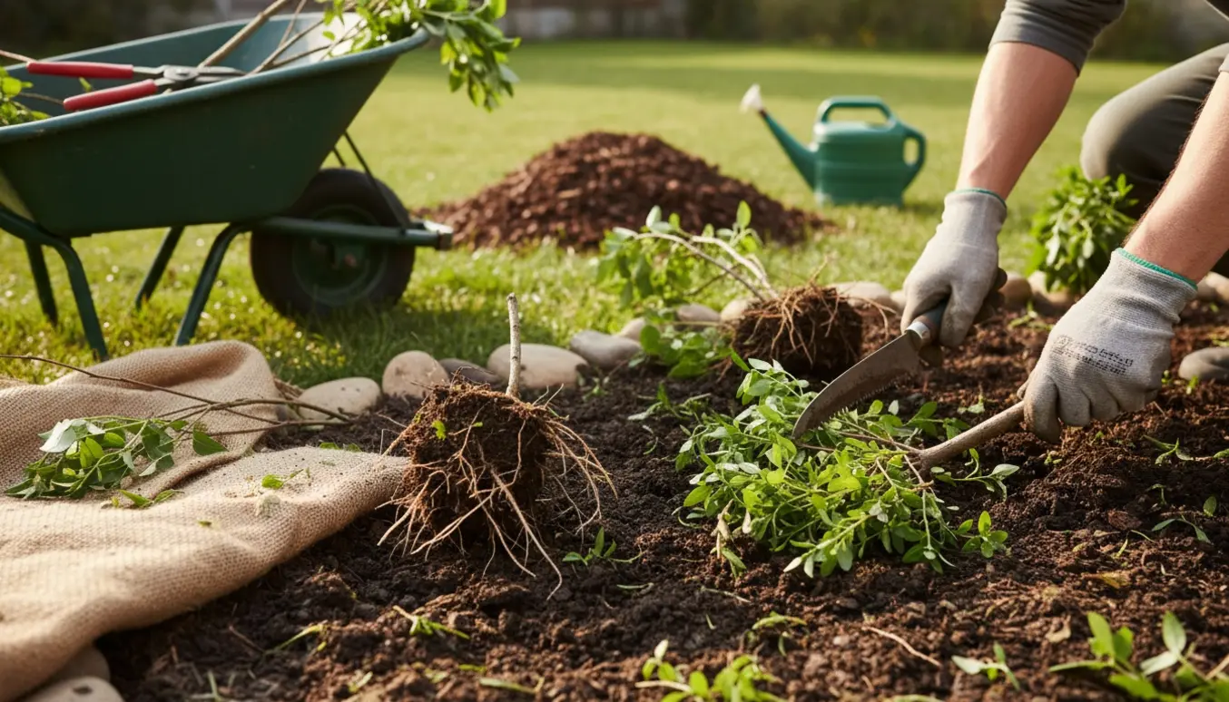 Et havebed, hvor ukrudt fjernes, og to små træer er ved at blive rykket op med haveredskaber.