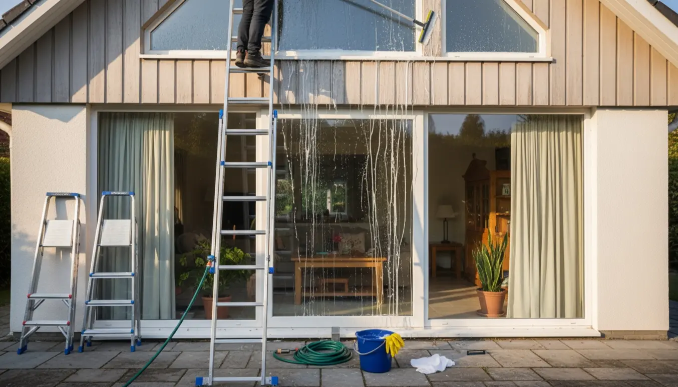 Vinduespudser rengør villaens facader og Velux-tagvinduer med forlængerstang og spand på en solrig morgen.