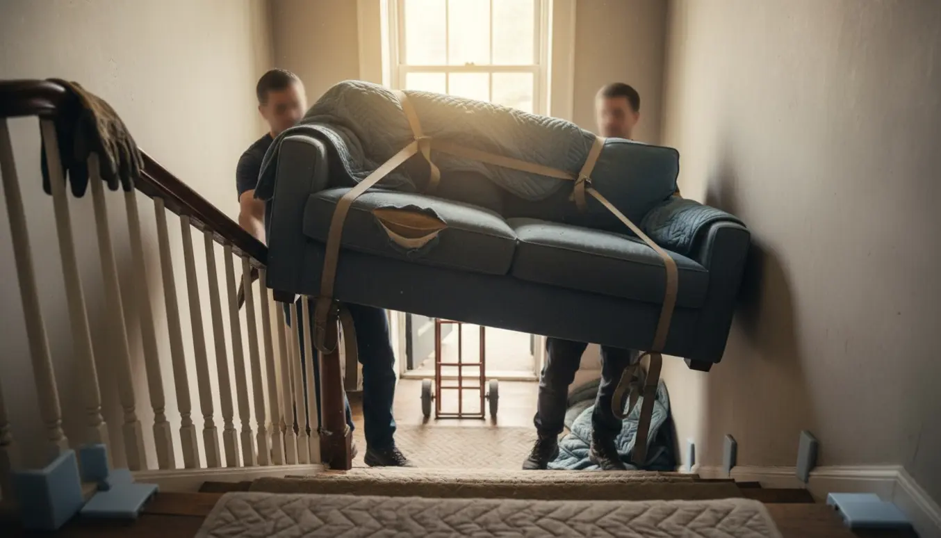 En sofa bæres ned ad en smal trappe fra 2. sal klar til bortskaffelse.