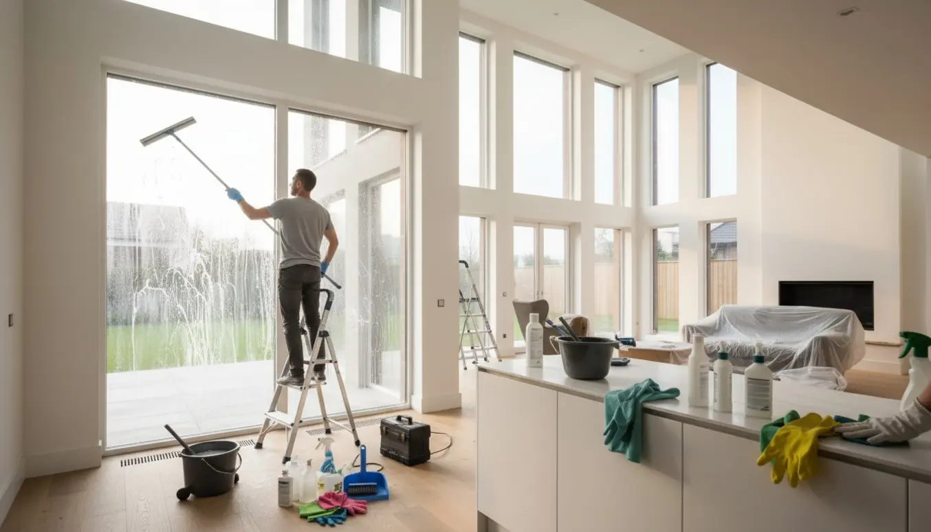 Rengøringsperson pudser store vinduer og aftørrer karme i et lyst hus efter håndværkerarbejde.