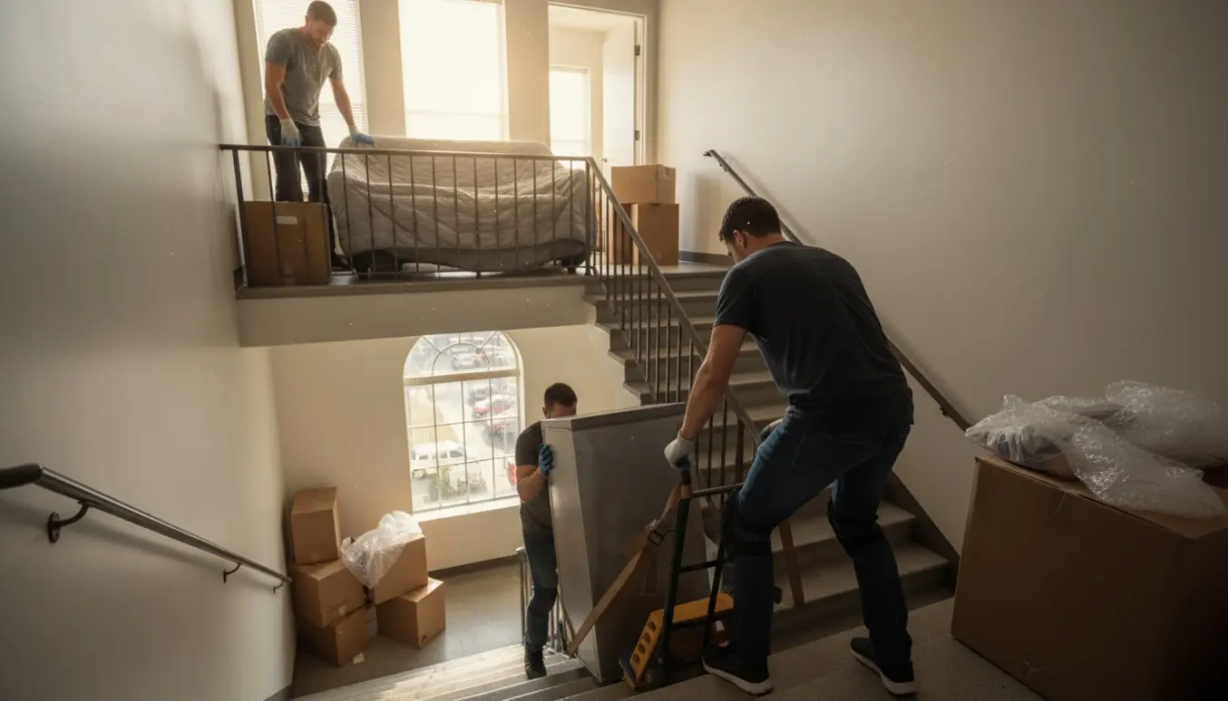 Flyttefolk bærer flyttekasser, en indpakket sofa og et køleskab ned ad trappen fra fjerde sal.