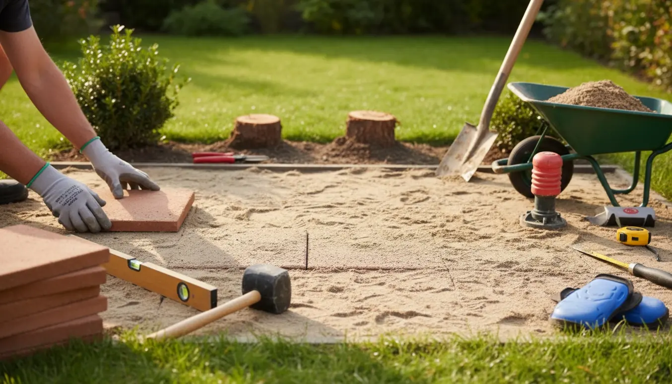 Nærbillede af en lille havefliseterrasse under anlæg med fliser, værktøj og stubbe i baggrunden.