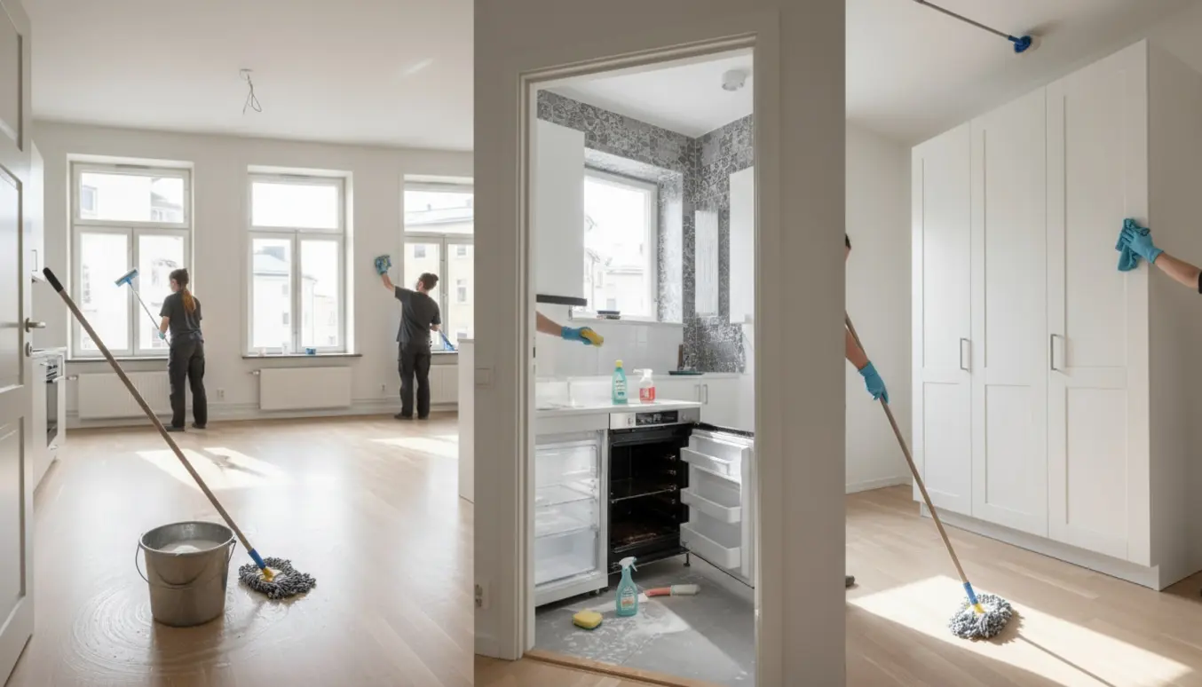 Solbeskinnet, tom lejlighed under fraflytningsrengøring med gulvvask, vinduespudsning og rengøringsudstyr.