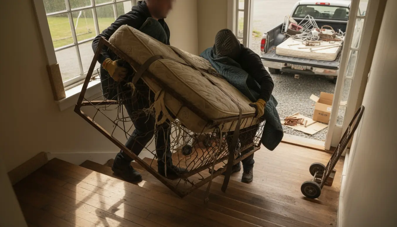 Gammel seng bæres ned ad trappe fra 2. sal mod en åben lastbil til skrot, med flyttetæpper og handsker synlige.