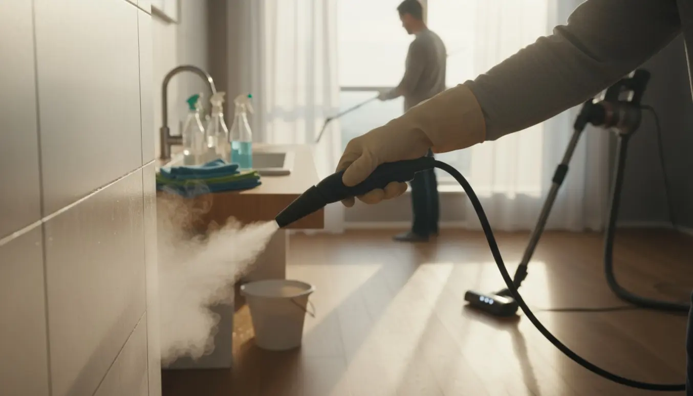 Rengøringsudstyr og hænder i aktion i en lys tom lejlighed under flytterengøring.