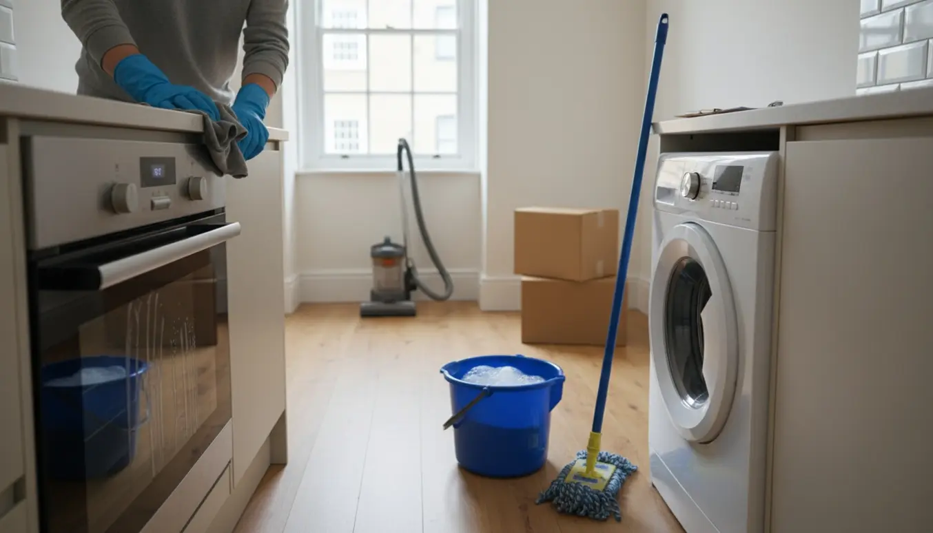 Rengøring i et tomt rækkehus med ovn, vaskemaskine og rengøringsudstyr i dagslys.