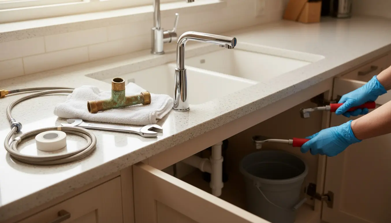 Ny kromvandhane klar til montering ved siden af gammel korroderet vandhane og værktøj ved køkkenvasken.