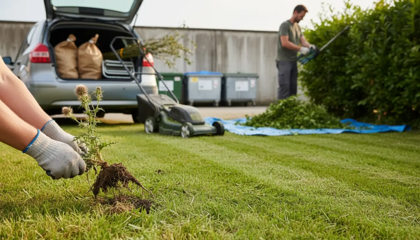 Person trækker tidsel op, klipper hæk og læsser haveaffald i en bil ved genbrugspladsen.