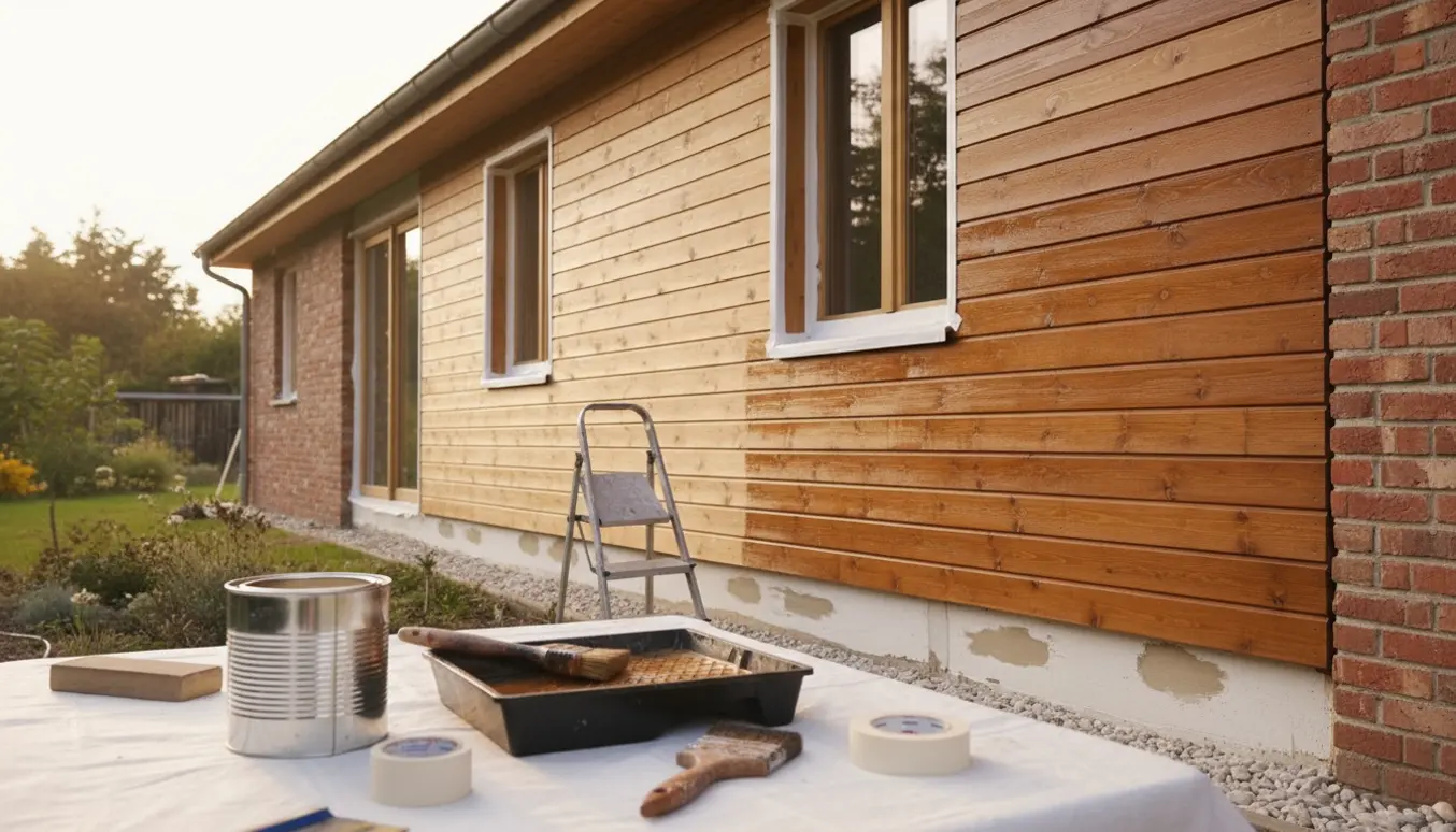 Udvendigt étplanshus med træbeklædning under behandling, værktøj og malerreparationer ved soklen.