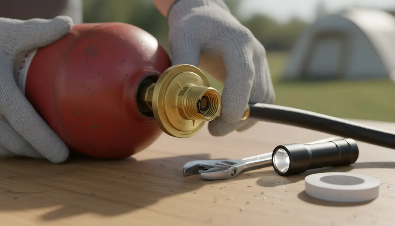 Nærbillede af handsker, der inspicerer regulator og slange til en gasflaske med en beskadiget O-ring og afmonteret gevind.