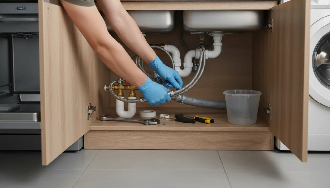 Åbent køkkenskab hvor hænder inspicerer og forbedrer vand- og afløbsforbindelser til opvaskemaskine og vaskemaskine.