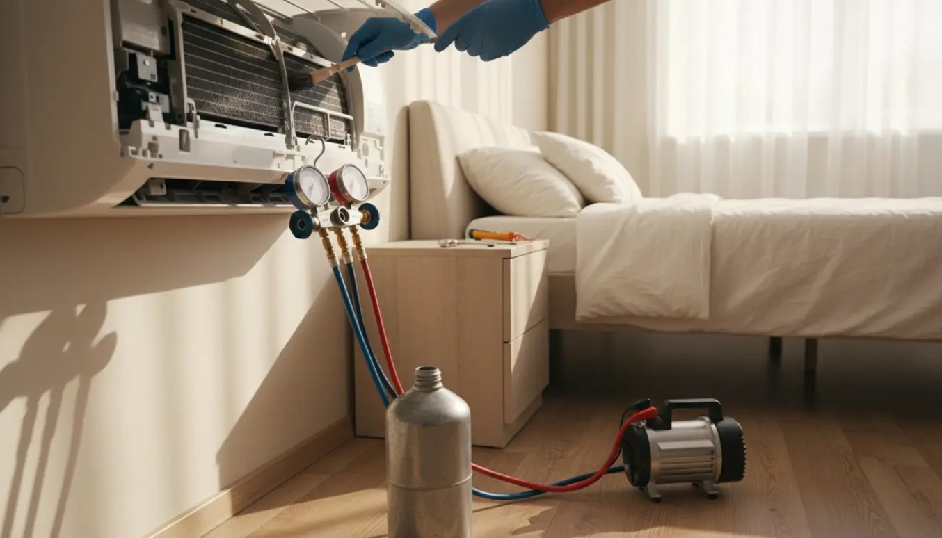 En teknikers hænder servicerer en vægmonteret aircondition i et lyst, roligt soveværelse.