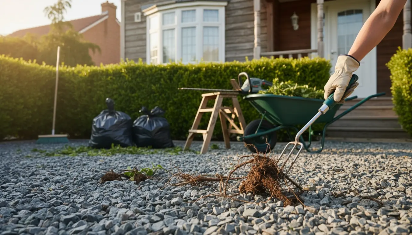 Nærbillede af beskåret hæk og ryddede granitskærver ved et hus med haveredskaber og en trillebør med haveaffald.