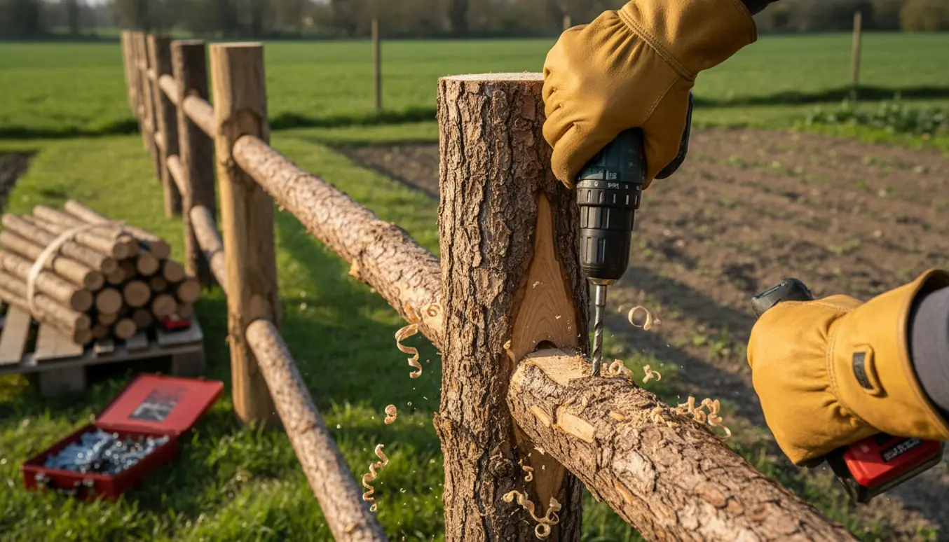 Hænder bruger skruemaskine til at montere raftehegn i robinia med bark.